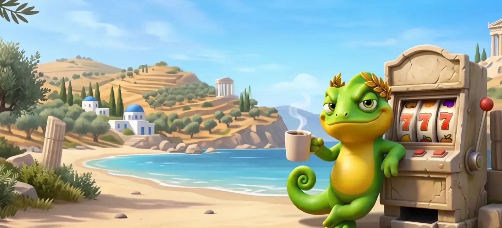 Kazeeno-kameleon bij een gokkast op een Grieks eiland
