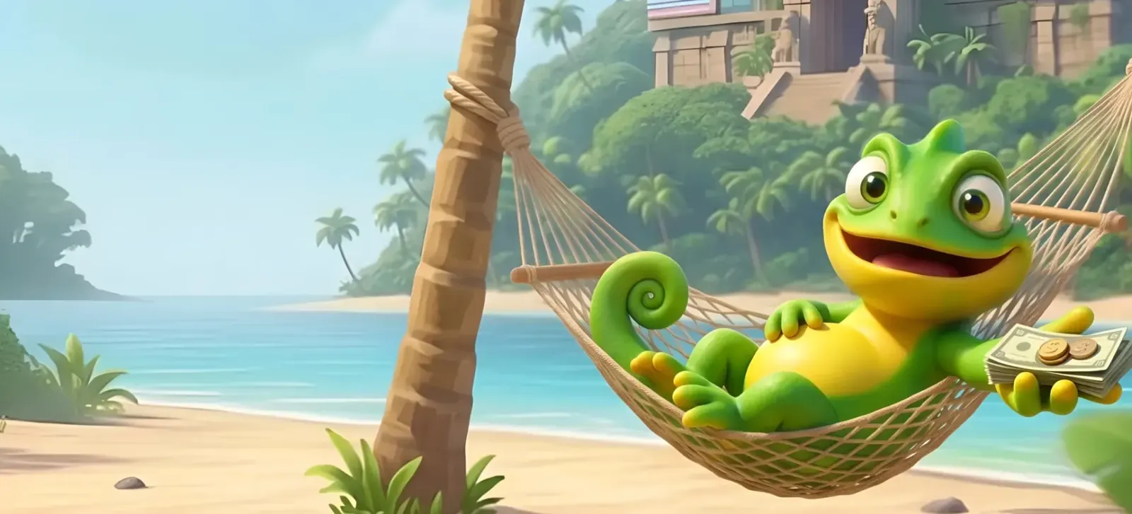 Kazeeno-kameleon in een hangmat tussen de palmen